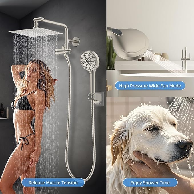 All Metal Shower Head, 8" High Pressure Rainfall/Handheld Shower Combo with 11" Extension Arm, 10-Spray Handheld Showerhead, 71" Long Hose, 3-Way Diverter Valve, Brushed Nickel