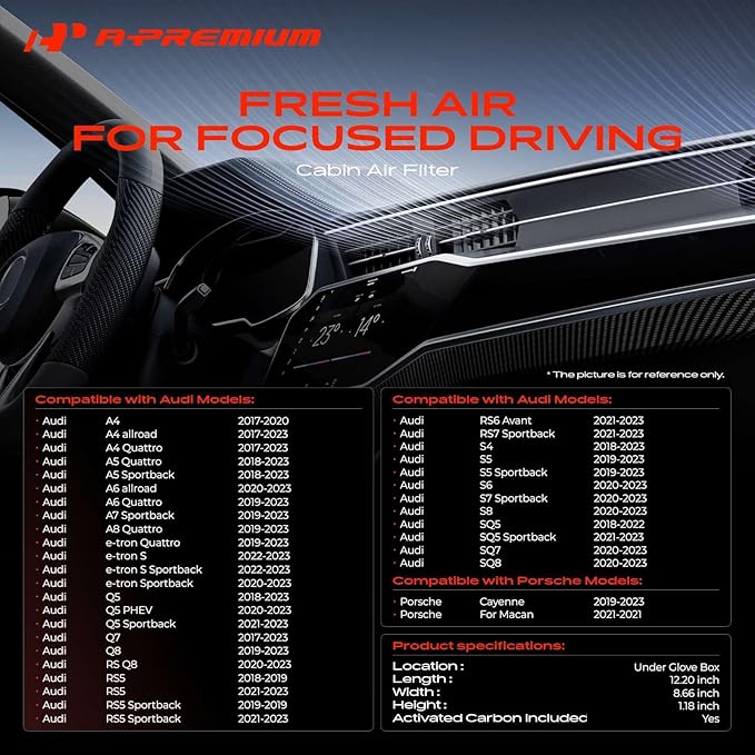 A-Premium Cabin Air Filter with Activated Carbon for Audi A4, A5 Quattro, A6 allroad, A7 Sportback, A8 Quattro, Q5, Q7, Q8, e-tron S, S4 & Porsche Cayenne, Macan