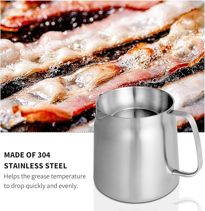 50oz 304 Stainless Steel Deep Fryer Pot with Basket & Strainer, Large Capacity Bacon Grease Container for Kitchen,Frying, Cooking, Camping,Oil Filter Container - Dishwasher Safe (50oz/1.5L/1.7Qt)