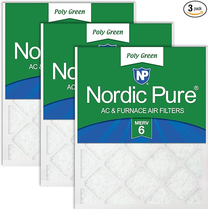 Nordic Pure 16x16x1 (Actual Size: 15 3/4 x 15 3/4 x 3/4) Poly Green MERV 6 AC Furnace Air Filters – Reduces Dust, Pollen, Pet Dander & Allergens – 3-Pack