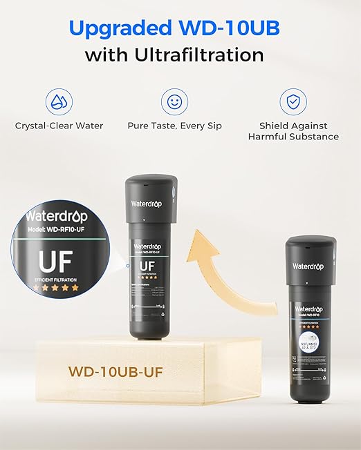 Waterdrop 10UB-UF 0.01 μm Ultra Filtration Under Sink Water Filter System, Reduces Lead, Chlorine, Bad Taste & Odor, 1 Year, with Dedicated Brushed Nickel Faucet