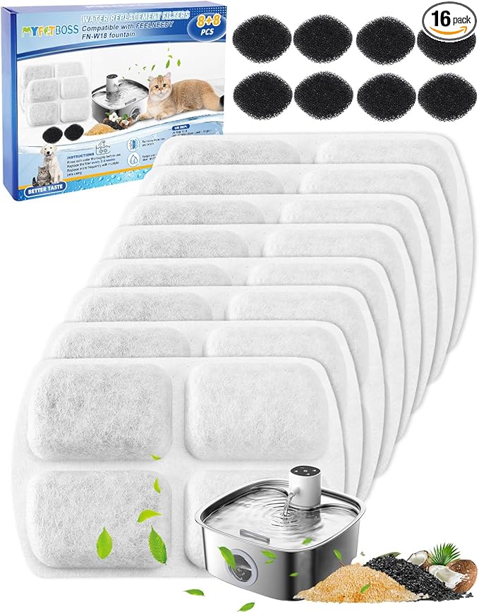 8+8 Pack Dog Water Filter Replacement, Pet Water Fountain Filters Compatible with FEELNEEDY 8L Dog Water Fountain FN-W18, Cat Water Fountain Filters with Pump Sponges for Dog Water Fountain