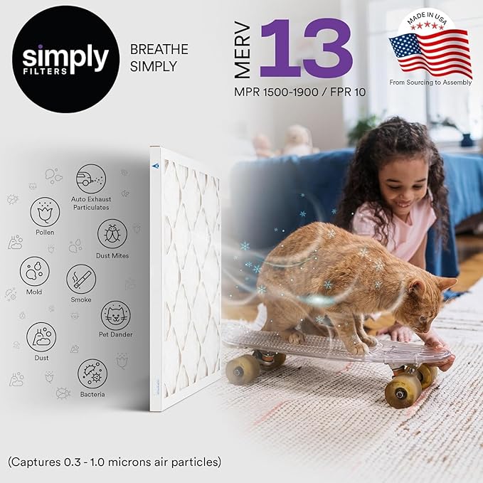 Simply 24x24x1 Air Filter, MERV 13, 6 Pack, For Home AC Furnace & HVAC (Actual Size: 23.75"x23.75"x0.75") DUST, Pet, & Allergy Control