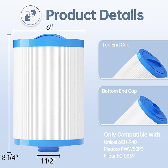 Hot Tub Filter Compatible with Unicel 6CH-940, Filbur FC-0359, PWW50P3, 817-0050, 25252, 03FIL1400, (1 1/2" SAE Thread) Pool Spa Filters Cartridge Replacements 2 Pack