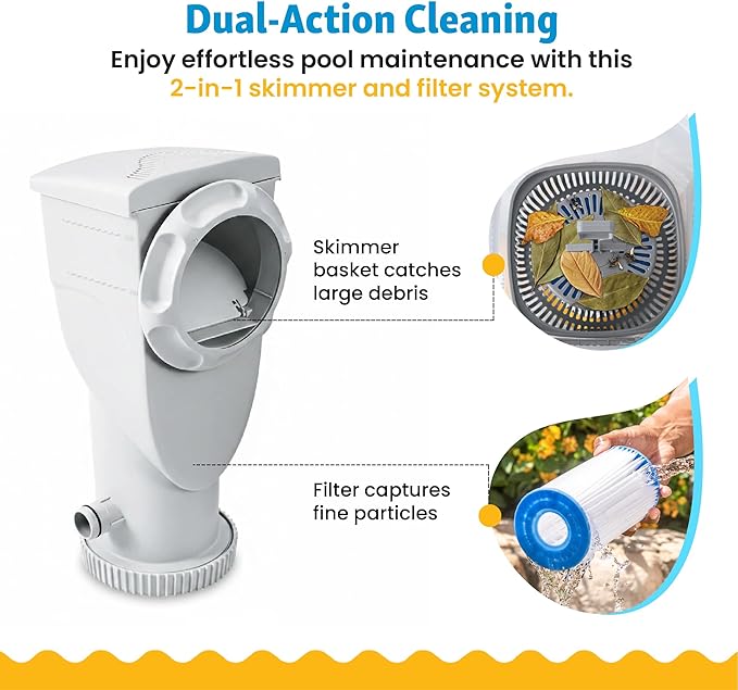 Funsicle SkimmerPlus 1,500 GPH 2-in-1 Filter Pump and Skimmer System for Above Ground Swimming Pools - Pool Cleaning and Maintenance