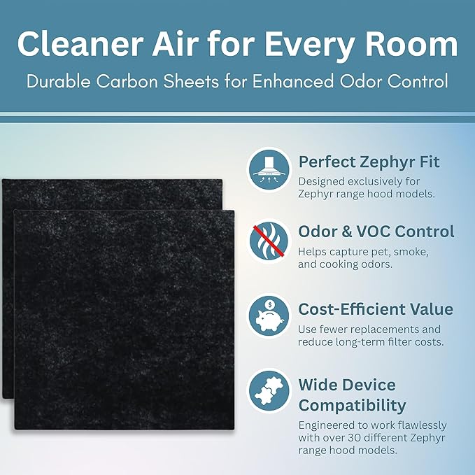 Fresh Headquarters Activated Charcoal Filter For Range Hood - Premium Carbon Filter 11.5" x 11.5" Range Hood Filters Replacement for Zephyr Models - For Odor & Grease Control - 2-pack