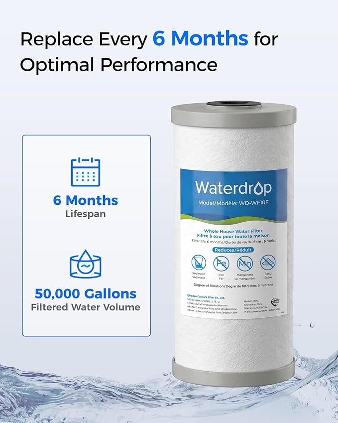 Waterdrop WF10F Whole House Water Filter, Iron Filter, Compatible with WHF21-FG, Reduces Iron & Manganese Filter Cartridge, 6 Months, 2 Pack