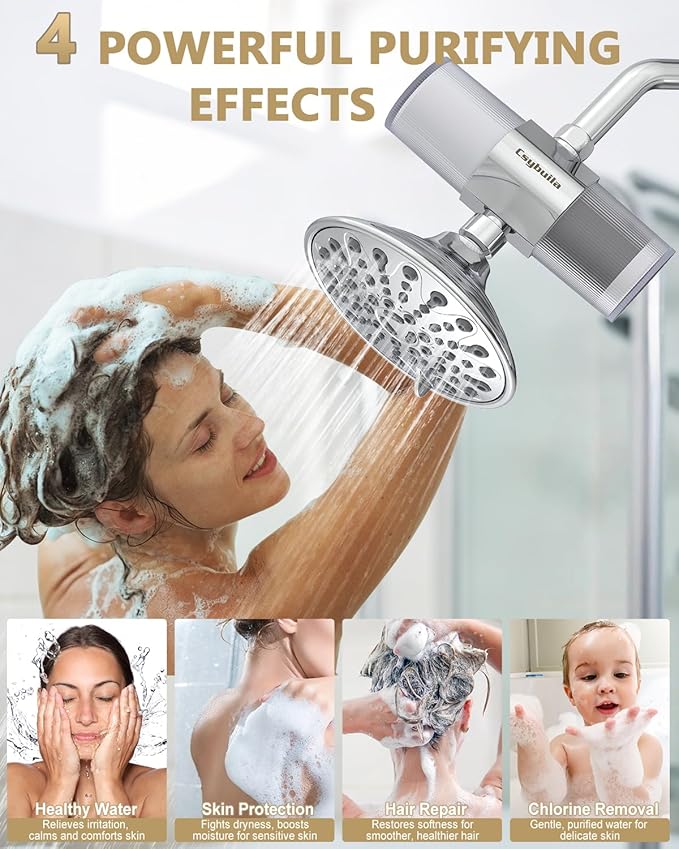 Dual Cartridge Shower Filter with Multi-Stage & Carbon Fiber Filtration, Hard Water Softener for Chlorine & Heavy Metal Removal, Skin & Hair Care, Tool-Free Installation