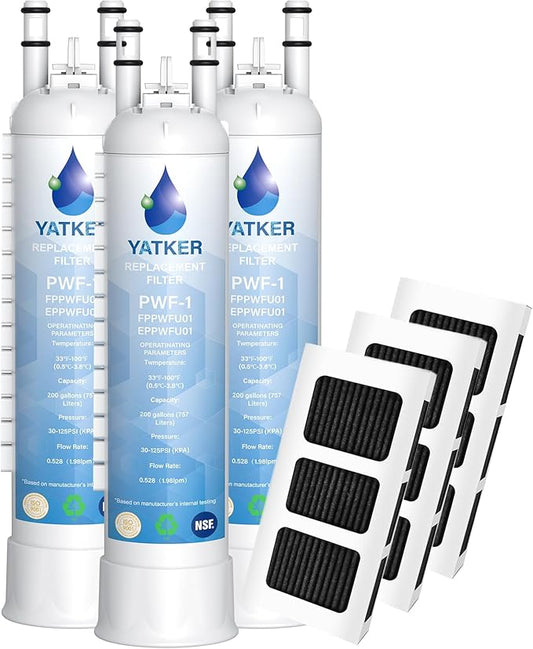 FPPWFU01 Water Filter Replacement for Frigidaire FPPWFU01 Water Filter, Compatible with PurePour PWF-1,EPPWF01 PureAdvantage PWF-1 and PureAir Ultra II PAULTRA2 Air Filter Combo（3+3）