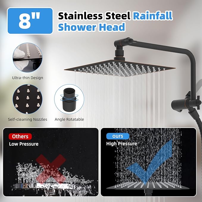 All Metal Shower Head, 8" High Pressure Rainfall/Handheld Shower Combo with 11" Extension Arm, 10-Spray Handheld Showerhead, 71" Long Hose, 3-Way Diverter Valve, Oil Rubbed Bronze