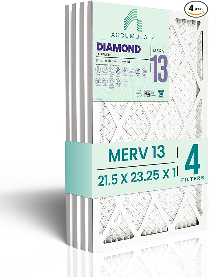 Accumulair Diamond 21.5x23.25x1 MERV 13 HVAC Air Filter (4-Pack) | Replacement Air Filter for AC and Furnace | Made in USA | Actual Size 21.5 x 23.25 x 0.75