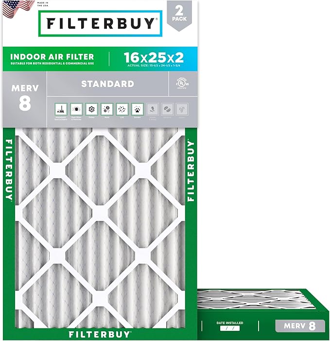 Filterbuy 16x25x2 Air Filter MERV 8 Essential Dust & Allergy Defense (2-Pack), Electrostatic Pleated HVAC AC Furnace Filters Replacement, Made in USA (Actual Size: 15.50 x 24.50 x 1.75)