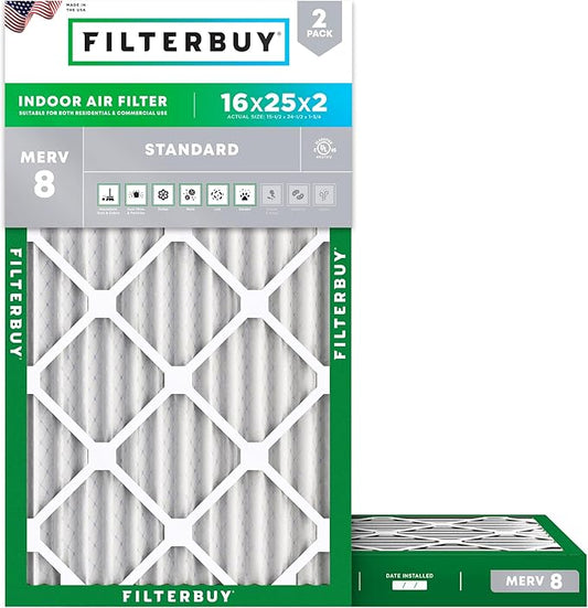 Filterbuy 16x25x2 Air Filter MERV 8 Essential Dust & Allergy Defense (2-Pack), Electrostatic Pleated HVAC AC Furnace Filters Replacement, Made in USA (Actual Size: 15.50 x 24.50 x 1.75)