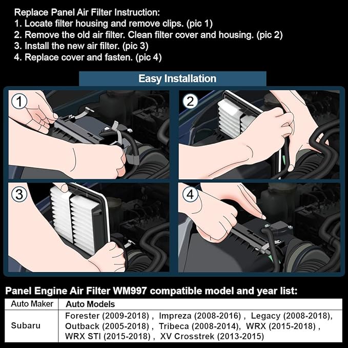 WISAMIC Engine Air Filter Compatible with Subaru: Outback(2005-2018), Forester(2009-2018), Legacy(2008-2018), WRX(2015-2018), XV Crosstrek (2013-2015), Tribeca(2006-2014), WM997, Replace CA9997