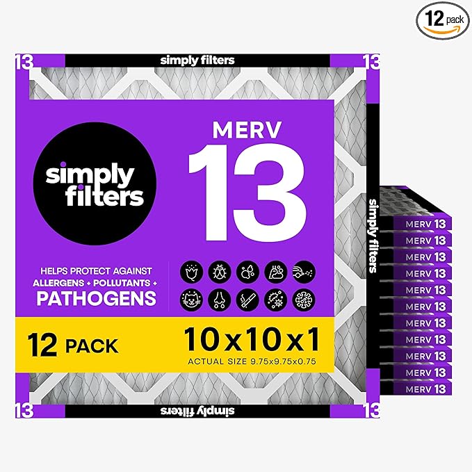 Simply 10x10x1 Air Filter, MERV 13, 12 Pack, For Home AC Furnace & HVAC (Actual Size: 9.75"x9.75"x0.75") DUST, Pet, & Allergy Control