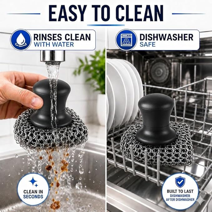 Cast Iron Scrubber and Scraper | 316 Chainmail Scrubber for Cast Iron Pan Skillet Cleaner | Chain Mail Scrubber for Dishes Pots Wok Griddle Grill | Dish Scouring Pad Dishwasher Safe, Black 01