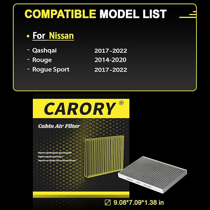CARORY Cabin Air Filter w/Activated Carbon for 2017-2022 Nissan Qashqai, 2014-2020 Rogue, 2017-2022 Rogue Sport.