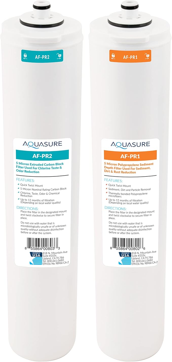 Aquasure ‎‎Premier Series Stage 1 Sediment & Stage 2 Carbon Block Replacement Water Filter Cartridge Bundle AF-PRE12, for AS-PR75/100 4-Stage Reverse Osmosis RO Under Sink Water Filtration System
