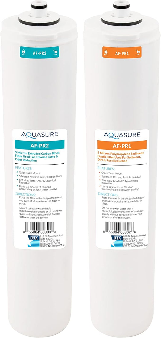 Aquasure ‎‎Premier Series Stage 1 Sediment & Stage 2 Carbon Block Replacement Water Filter Cartridge Bundle AF-PRE12, for AS-PR75/100 4-Stage Reverse Osmosis RO Under Sink Water Filtration System