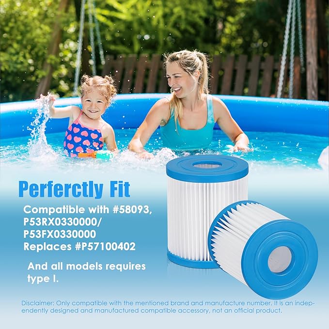 Type I Pool Filter Replacement- for Bestway 58511E/ Summer Waves Funsicle RX330 SFX330 330 Gal/H Pump, Size 1 Replaces 58093, P57100402-6 Pack