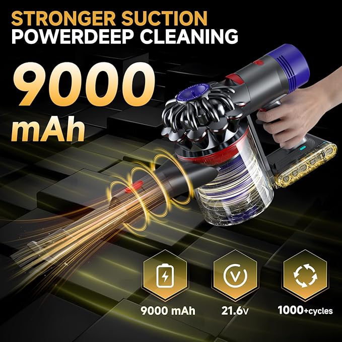 Upgraded 9000mAh V8/SV10 Battery Replacement Compatible with Dyson V8 Animal/Absolute/Motorhead/Fluffy Series Cordless Vacuum Cleaner with 4 Filters (3 Pre + 1 Post).