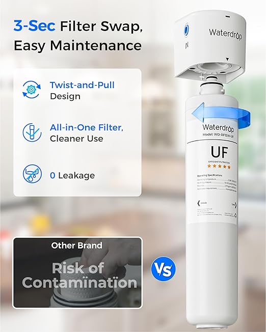 Waterdrop 15UAW-UF 0.01 μm Ultra Filtration Under Sink Water Filter System, 2 Years, Reduces Lead, Chlorine, Bad Taste & Odor, Connects Directly to Your Faucet