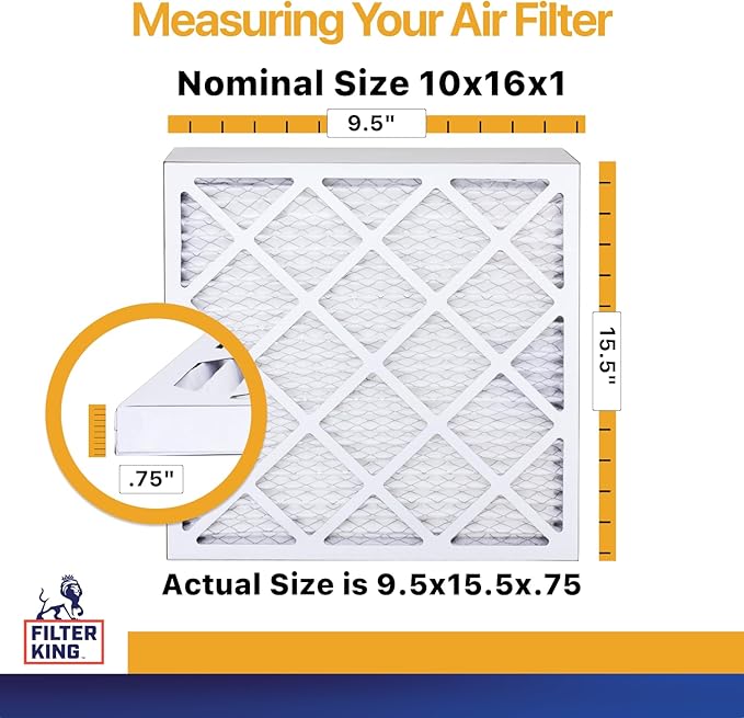 Filter King 10x16x1 Air Filter (MERV 13) (6-Pack) Dust & Allergy Control AC Furnace Filters, MADE IN USA, HVAC, Pleated, Electrostatic (Actual Size: 9.5 x 15.5 x .75)