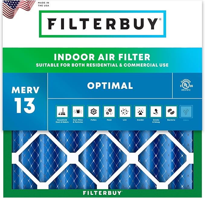 Filterbuy 25x25x4 Air Filter MERV 13 Optimal Smoke & Allergy Defense (1-Pack), Electrostatic Pleated HVAC AC Furnace Filters Replacement, Made in USA (Actual Size: 24.50 x 24.50 x 3.63)