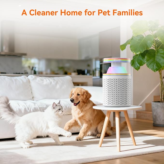 AIRROMI Pet Air Purifier for Home & Bedroom, HEPA Activated Carbon Filter, Removes Pet Dander & Odor, Allergies, Smoke, Hair, Night Light, Fragrance Sponge, Up to 658 ft², A2002 Rainbow