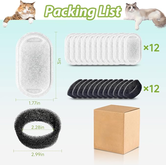 Cat Water Fountain Filters, 24 Pack Cat Fountain Filter Replacement for 67oz/2L & 108oz/3.2L Stainless Steel Pet Water Fountain, 12 Pack Pet Replacement Filters with 12 Sponges