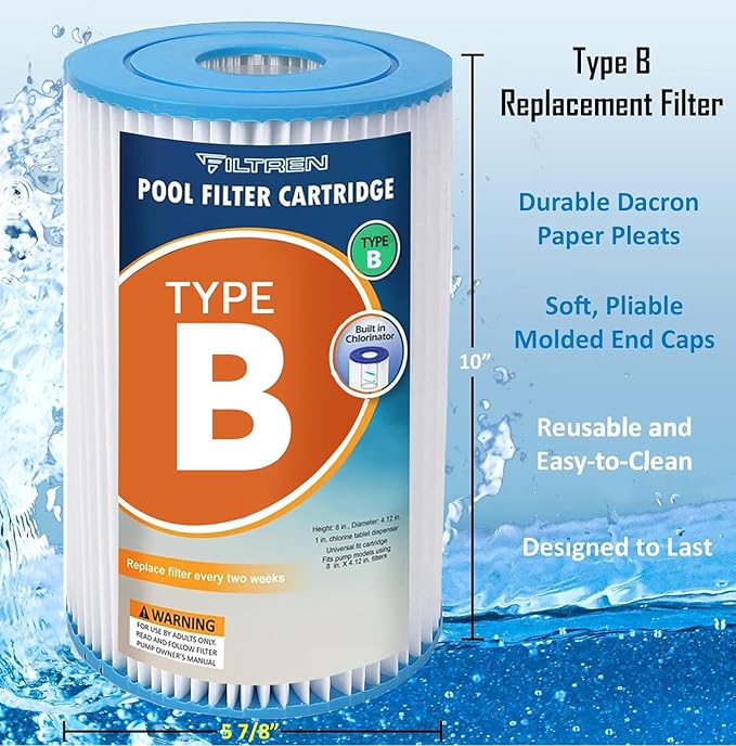 Type B Pool Filter Replacement Cartridges for Jacuzzi, Whirlpool, Hot Tub, Swimming Pool, Spa, Compatible with INTEX 2500 GPH Filter Pump-4 Pack
