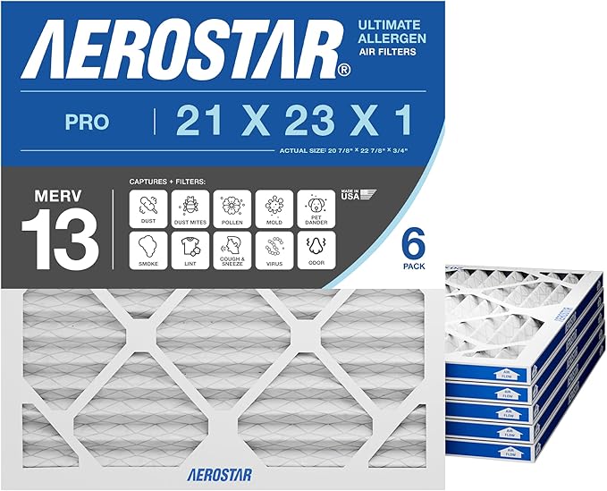 Aerostar 21x23x1 MERV 13 Pleated Air Filter, 6 Pack, AC Furnace Filters, HVAC Filter, Air Conditioner Filters, Heater Filters Replacement for Home (Actual Size: 20.875x22.875x0.75)