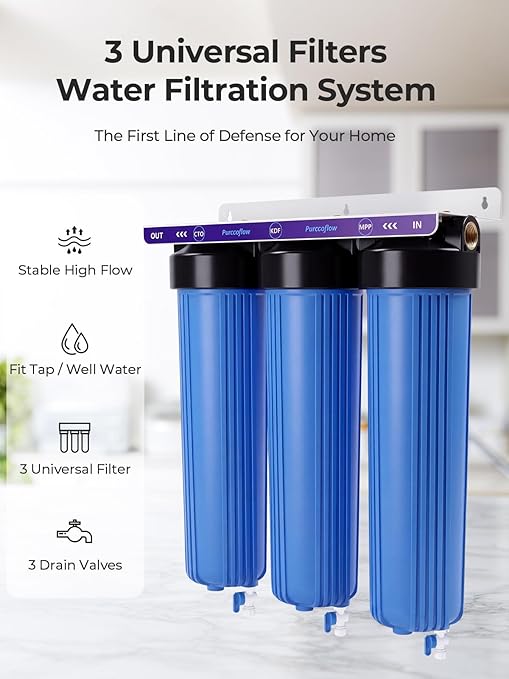 3-Stage Whole House Water Filter System, Heavy Metal Reduction, 20x4.5 Inch, Includes PP, KDF & CTO Carbon Block, 1" NPT Brass Ports, Drain Valves & Install Kit