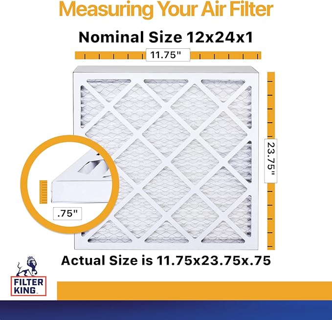 Filter King 12x24x1 Air Filter (MERV 13) (4-Pack) Dust & Allergy Control AC Furnace Filters, MADE IN USA, HVAC, Pleated, Electrostatic (Actual Size: 11.75 x 23.75 x .75)