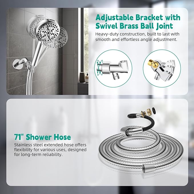 Hibbent High Pressure 10-mode Shower Head, Filtered Handheld Showerhead with Adjustable Brass Joint Holder, 71" Metal Hose, Improve Skin & Hair, Built-in Power Wash to Clean Tub & Pets, Chrome