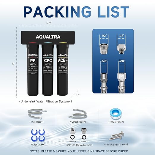 AQUALTRA USF-3B-15 Slightly Alkaline Under Sink Water Filter System, 8K-40K Gal, Reduce PFOA, PFOS, Chlorine, Lead, Mercury, Chloramine, Fluoride, Microplastics Particles, Bad Taste & Odor