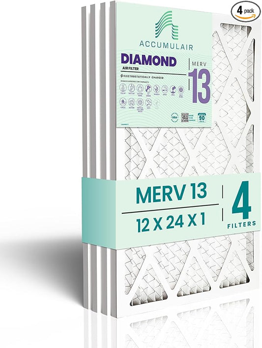 Accumulair Diamond 12x24x1 MERV 13 HVAC Air Filter (4-Pack) | Replacement Air Filter for AC and Furnace | Made in USA | Actual Size 11.75 x 23.75 x 0.75