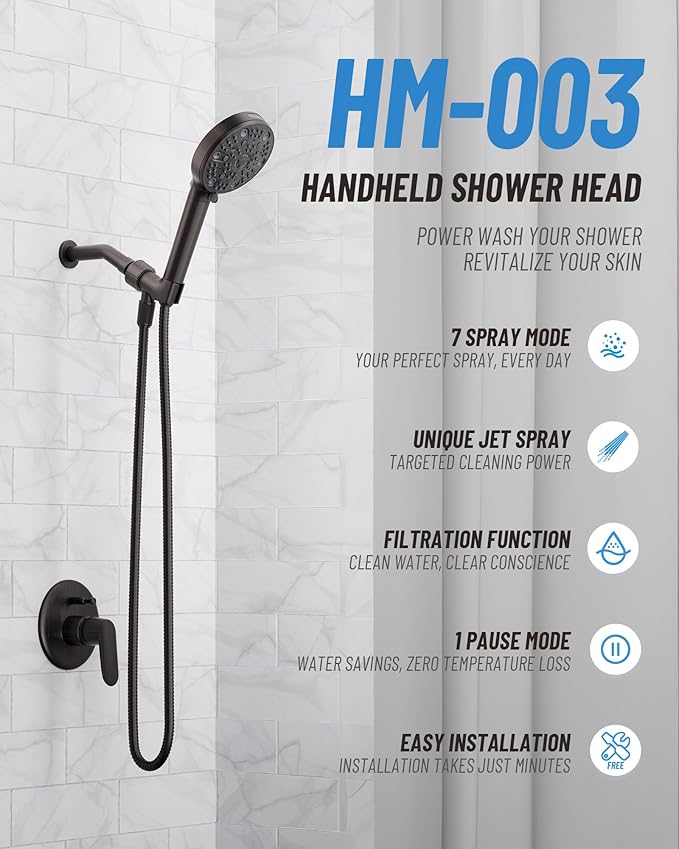 Filtered Handheld Shower Head for Hard Water, High Pressure Showerhead with 7 Spray Modes, Power Jet & Pause, Detachable & Adjustable for Healthier Skin & Hair - Oil Rubbed Bronze (VMASSTONE HM-003)