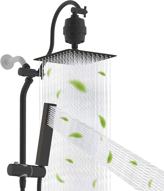 Hibbent All Metal 10'' Filtered Rainfall Shower Head, High Pressure Showerhead combo with 4-mode Handheld Spray, 12'' Extension Arm, Extension Bar with Holder, Shower Filter, Oil Rubbed Bronze