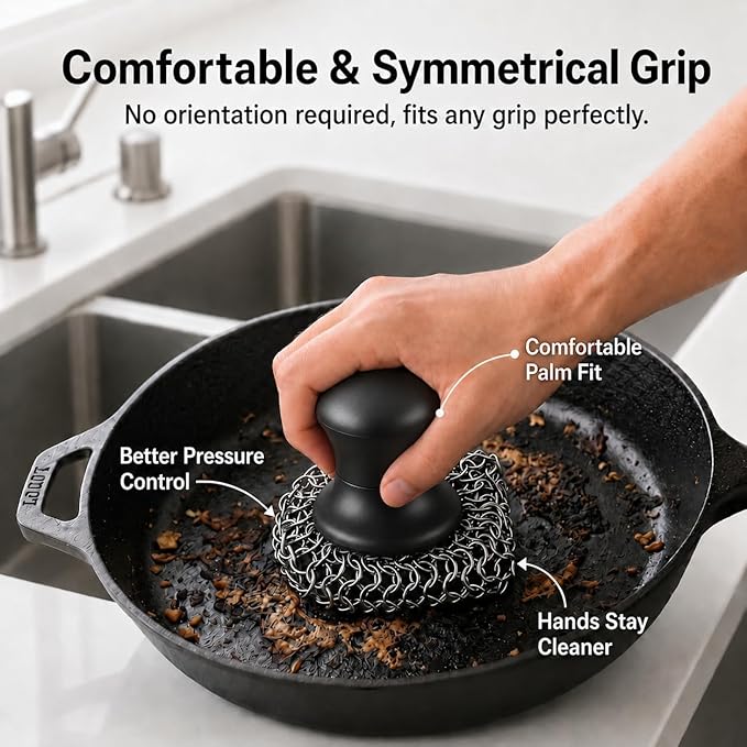 Cast Iron Scrubber and Scraper | 316 Chainmail Scrubber for Cast Iron Pan Skillet Cleaner | Chain Mail Scrubber for Dishes Pots Wok Griddle Grill | Dish Scouring Pad Dishwasher Safe, Black 01