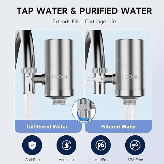 Water Filter for Sink Faucet, 304 Stainless Steel Water Purifier for Kitchen Sink, Reduces PFAS, Lead, Chlorine & Microplastics, 350 Gallons Long-Lasting for Kitchen & Bathroom, 2 Filters