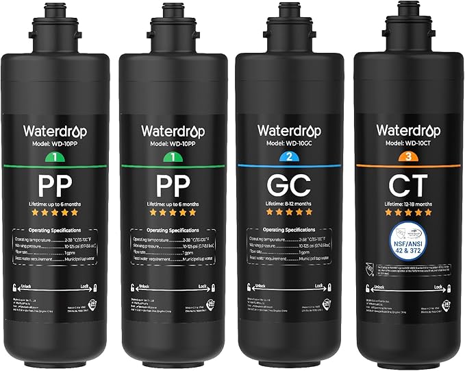 Waterdrop TSA 3-Stage Replacement Water Filter, 1-Year Replacement Pack, 4-Pack (2 x 10PP, 1 x 10GC, 1 x 10CT), Replacement for Waterdrop TSA & TSB 3-Stage Under Sink Water Filtration System