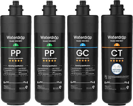 Waterdrop TSA 3-Stage Replacement Water Filter, 1-Year Replacement Pack, 4-Pack (2 x 10PP, 1 x 10GC, 1 x 10CT), Replacement for Waterdrop TSA & TSB 3-Stage Under Sink Water Filtration System