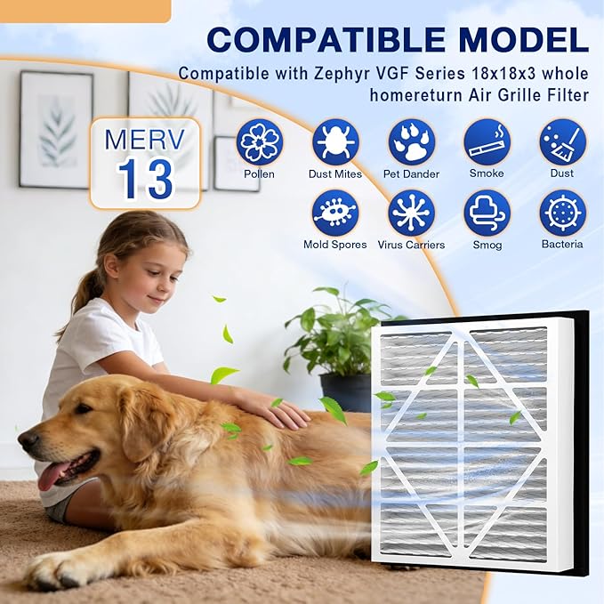 2Pack 18x18x3 MERV13 air Filter Pleated Whole House Return Grille Filter Replacements are perfectly compatible with the Zephyr VGF Series 18x18x3 Whole House Return Grille Filter