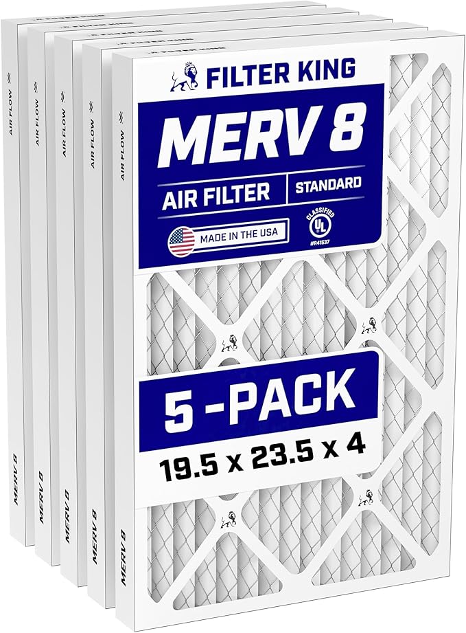 Filter King 19.5x23.5x4 Air Filter (MERV 8) (5-Pack) Dust & Allergy Control AC Furnace Filters, MADE IN USA, HVAC, Pleated, Electrostatic (Actual Size: 19.5 x 23.5 x 3.75)