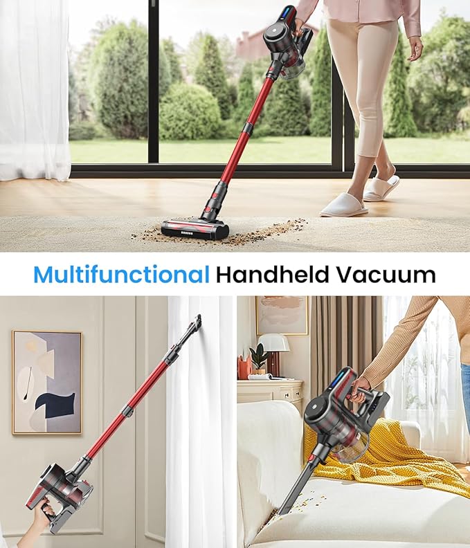 CHEBIO Lightweight Cordless Vacuum Cleaners for Home, Stick Vacuum Cordless Rechargeable with 45kPa Suction,45-Min Run,Anti-Tangle and Self-Stand, 6 in 1 Hardwood Vacuum Cleaner Carpet Pet Hair Floor