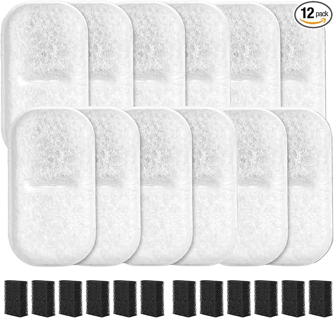 12+12 Packs Cat Water Filters Replacement for 108Oz/3.2L & 67Oz/2L Stainless Steel Pet Water Dispenser, Cat/Dog Indoor Water Dispenser Fountain for Most Pet Water Fountains 12 Filters & 12 Sponges