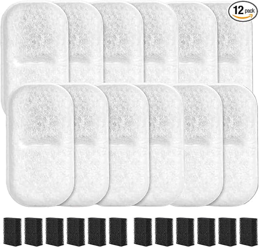 12+12 Packs Cat Water Filters Replacement for 108Oz/3.2L & 67Oz/2L Stainless Steel Pet Water Dispenser, Cat/Dog Indoor Water Dispenser Fountain for Most Pet Water Fountains 12 Filters & 12 Sponges