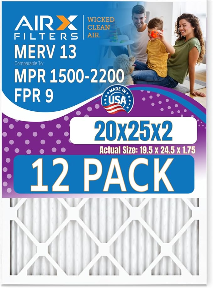 20x25x2 Air Filter MERV 13 Rating, 12 Pack of Furnace Filters Comparable to MPR 1500-2200 & FPR 9 - Made in USA by AIRX FILTERS WICKED CLEAN AIR.