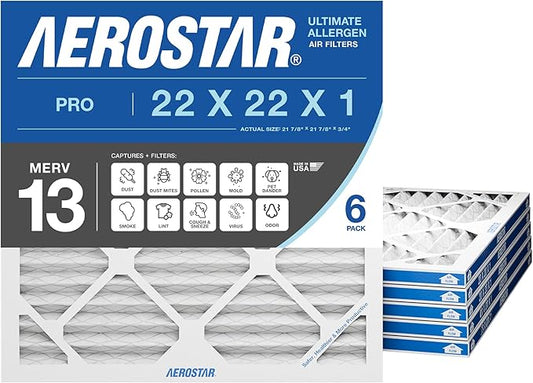 Aerostar 22x22x1 MERV 13 Pleated Air Filter, 6 Pack, AC Furnace Filters, HVAC Filter, Air Conditioner Filters, Heater Filters Replacement for Home (Actual Size: 21.875x21.875x0.75)